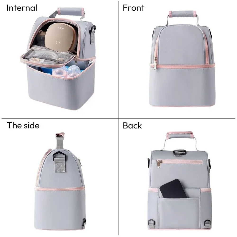 NCVI Breastmilk Cooler Bag 2 Ice Packs Holds 6 Bottles Double Layer Grey Pink